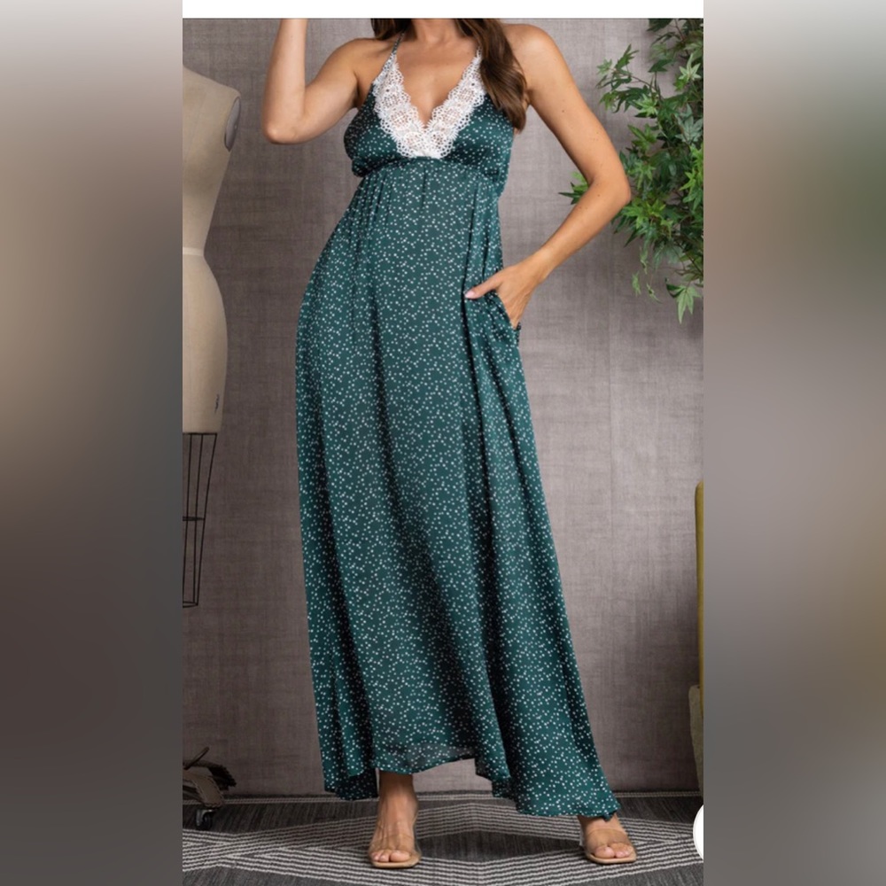 NWT Franco Dark Green Polkadots With Lace Appliqué  Cross Open back Maxi Dress